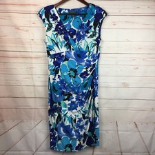 Ralph Lauren LRL Dress Size 10 Blue Floral Sheath Ruched Cap Sleeve Faux Wrap