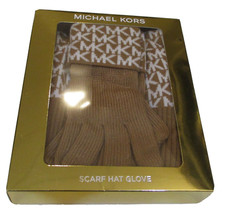 GENUINE MICHAEL KORS CAMEL CREAM 3 PIECE SCARF HAT  GLOVES SET NEW IN GIFT BOX