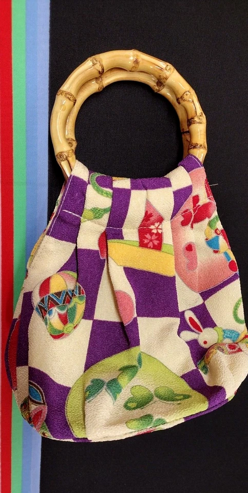 Vtg 90s Kimono Fabric Purse Rabbit & Butterfly Handmade Bamboo Man made Handles - Image 3 of 4