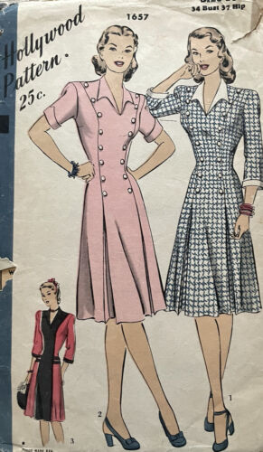 #WW2 Era #HOLLYWOODD 1657 #VintageSewingPattern Women Lovely Dress w Options B32 - Afbeelding 1 van 4