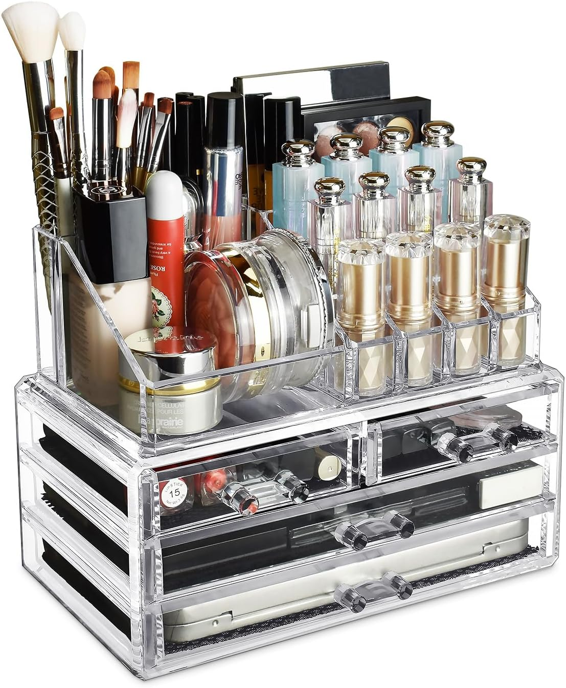 4-Drawer Acrylic Makeup Organizer with Removable Lipstick Holders and Storage Top