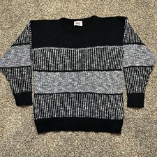 Vintage 80s Cable Knit Sweater Size XL Black White Striped USA Made
