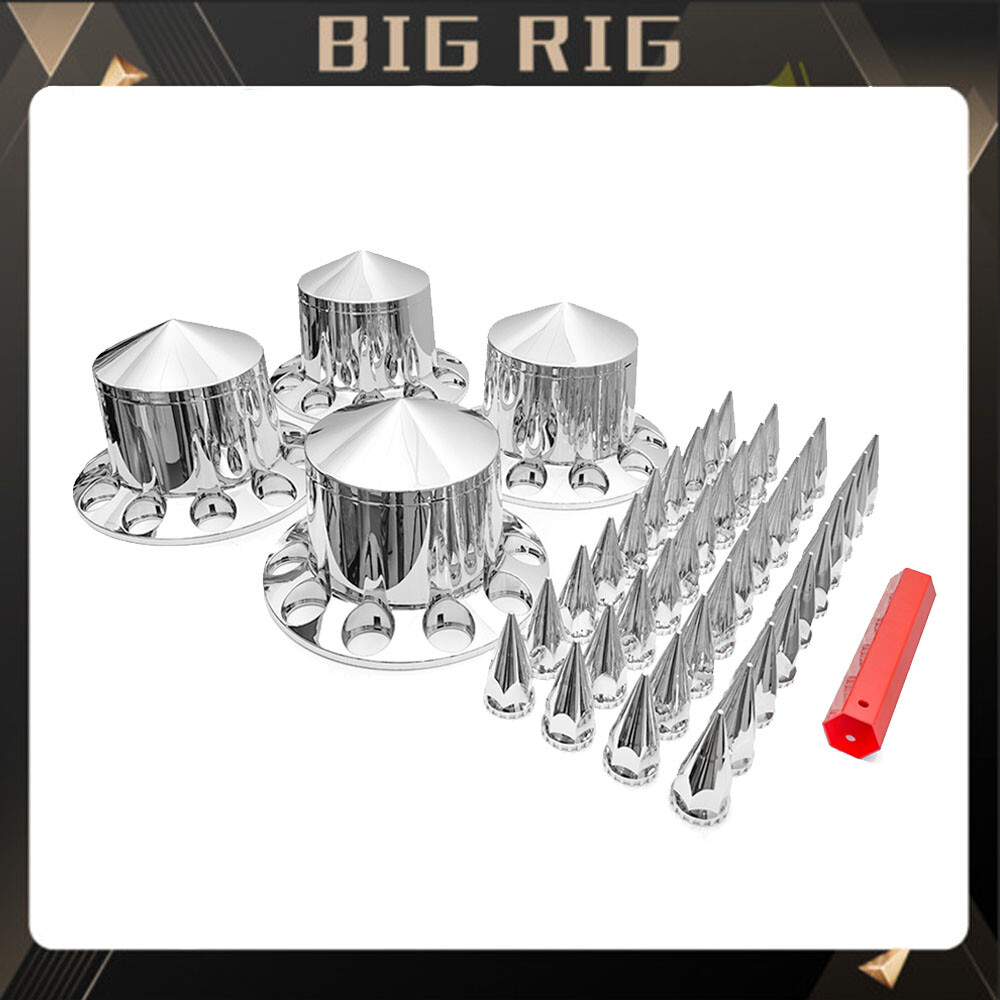 33mm Chrome Semi Truck Rear Hub Cover Wheel Set Spiked Axle Nut Covers (4 Set)