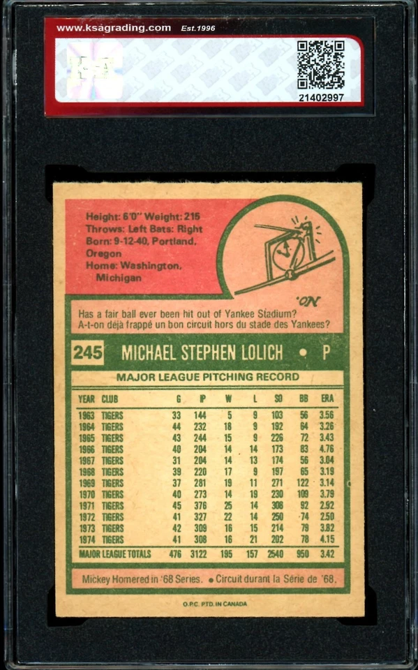 1975 TOPPS OPC O PEE CHEE Baseball #245 Mickey Lolich KSA 9 MINT Detroit Tigers - Image 2 of 2
