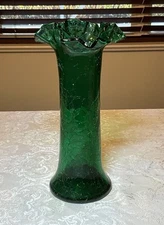 1940’s Beacon Glass ,NJ Blenko Style Glass Green Crackle Vase Ruffle Top 12”#102