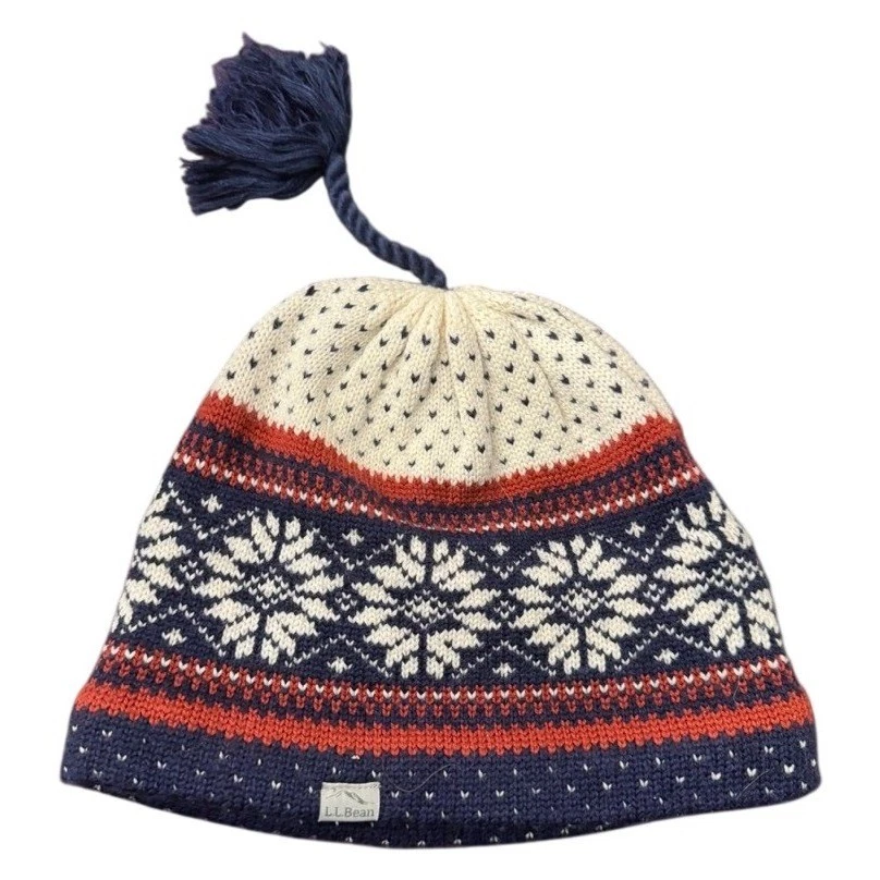 LL Bean Nordic Snowflake Fair Isle Fleece Lined Beanie Hat Tassel Navy Red Cream