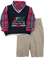 IZOD Infant Boys Dress Up Blue Vest Khaki Pants Plaid Shirt Outfit Set 3/6M