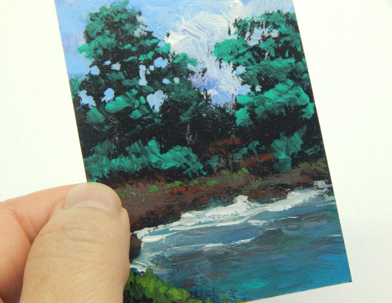 ACEO Original Landscape, nature scene Lake and trees, miniature realism art
