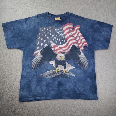 Vintage The Mountain Eagle American Flag T Shirt Men's Size XL Tie Dye Y2k Blue