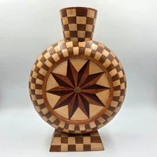 Handmade Segmented Wood Vase Sculpture Inlaid Marquetry Checkered Star 11.5"