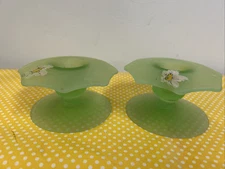 Vintage Satin Glass Green Depression Glass Taper Candlesticks 2” Tall  Set of 2