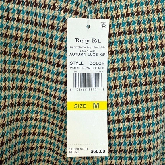 Ruby Rd. Teal and Brown Houndstooth Pull On Pants Size Medium - Image 4 of 4