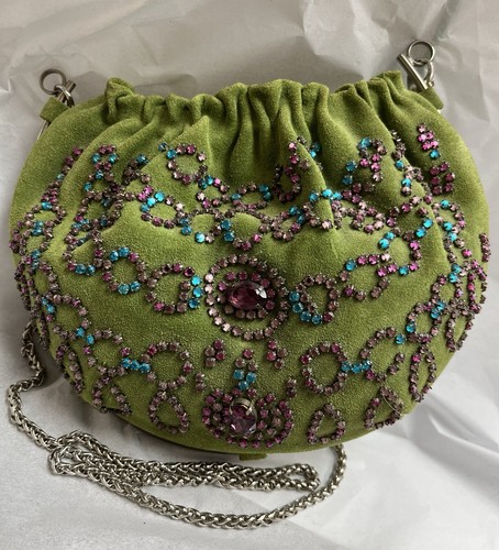 Vintage 2000’s ETRO Shoulder Bag Green Suede Leather Crystals Fabulous Purse