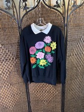 Vintage Floral Puff Paint Sweatshirt with Faux Collar Size L