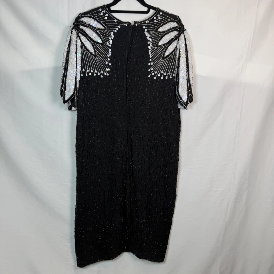 Vestido de Noche Laurence Kazar Talla 1X Cuentas Lentejuelas Vieiras Negro Seda De Colección Foto 2 de 4