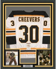 FRAMED Autographed/Signed GERRY CHEEVERS HOF 33x42 Boston White Jersey JSA COA