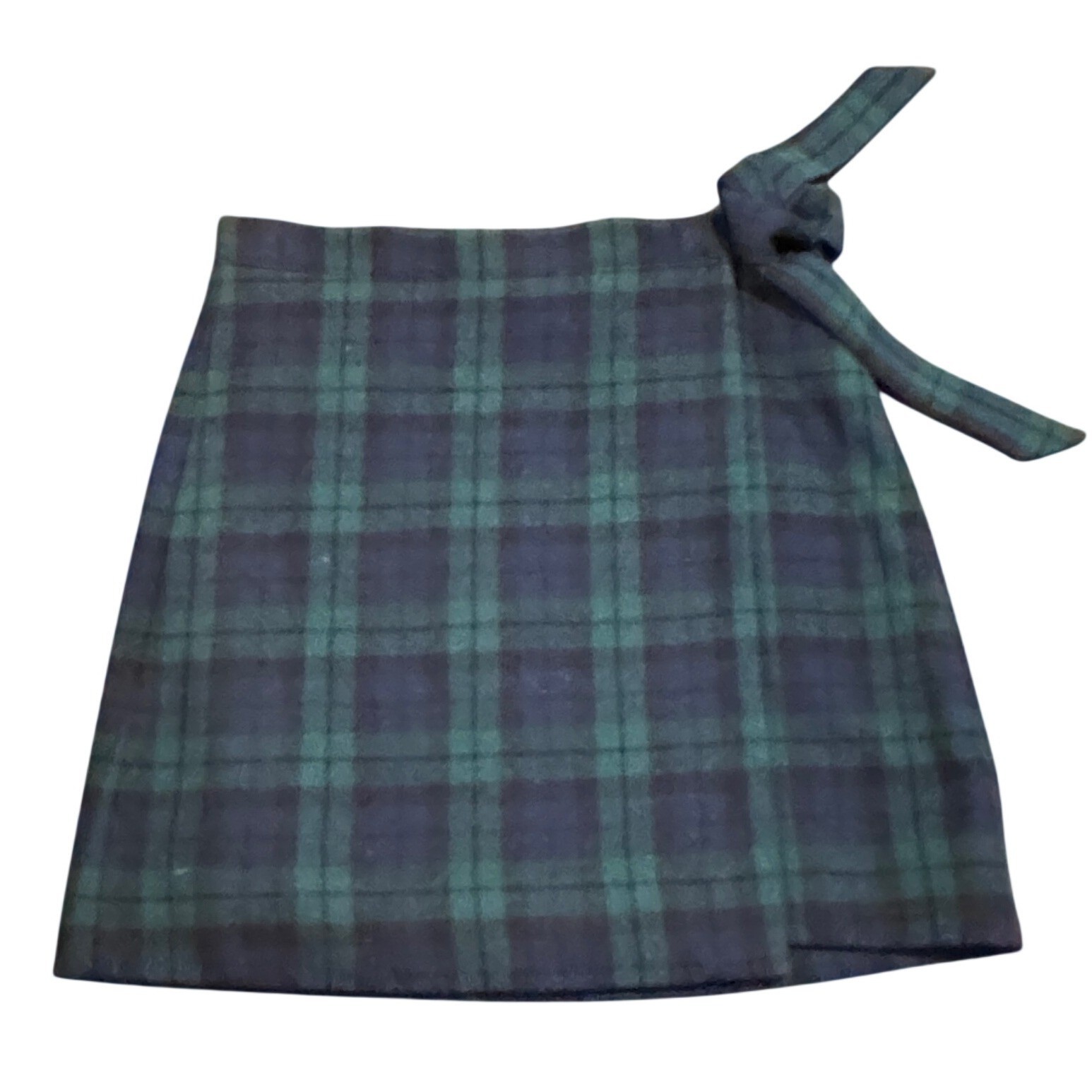 J.Crew Black Tartan Plaid Wool Blend Side Tie Old Money Mini Skirt Green Navy 4
