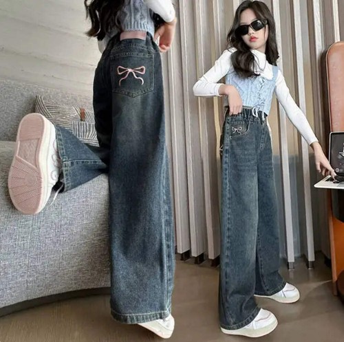 Teen Girls Jeans with Bowknot Embroidery Wide Leg Jeans - Picture 4 of 8