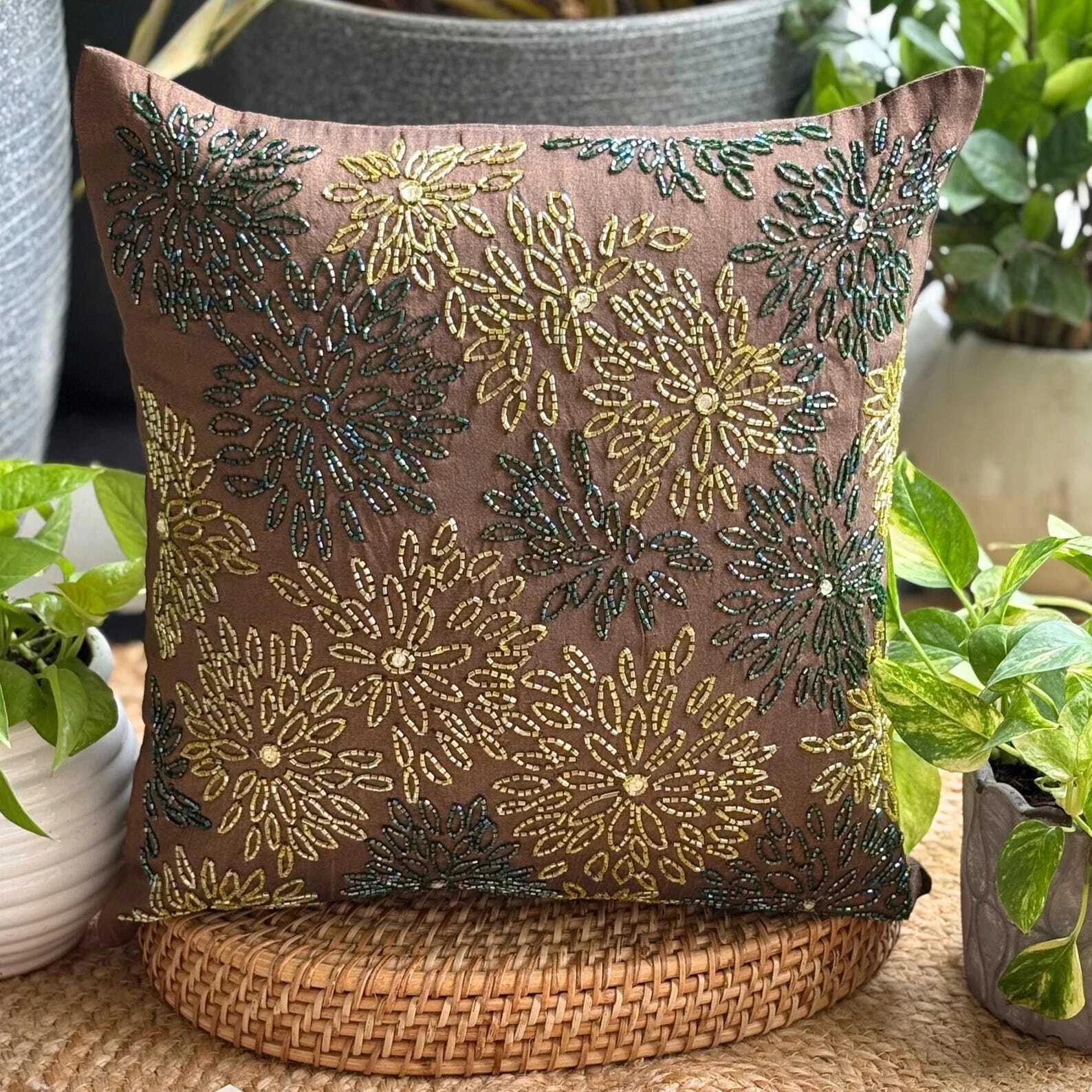 Decorative Pillow Cover Brown 16"x16", Couch Decor Silk Beaded - Floral Spark