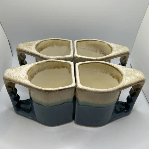 Vintage Signed Rodolfo Padilla Stoneware Blue Drip Glaze Coffee Cups Set Of 4