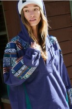 Free People Movement Kickoff Pullover Hoodie Tie Paneling Sleeves Blue S NWT