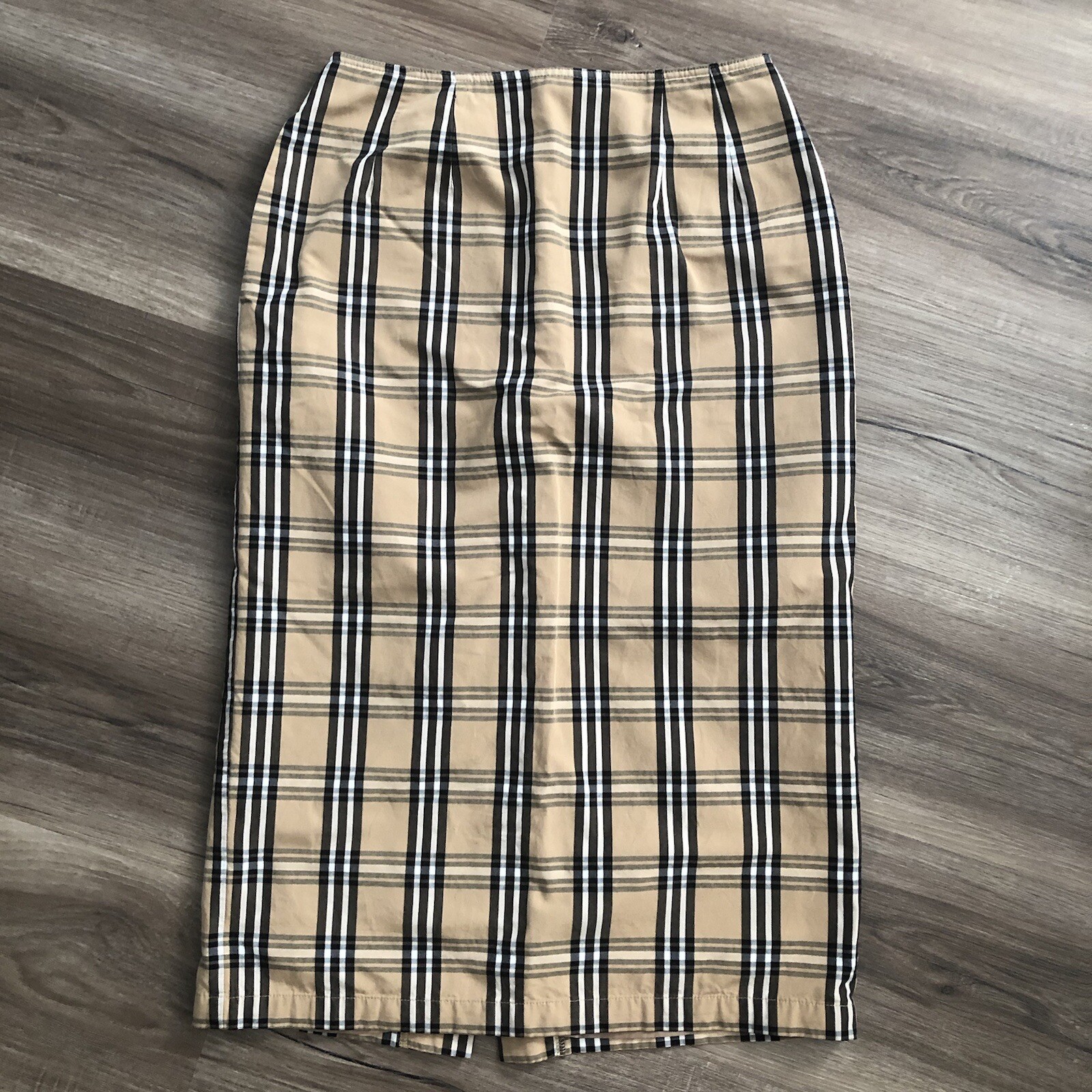 SLY Nylon Plaid Midi Skirt Cream Black White Women Size 2 Dressy Office Preppy