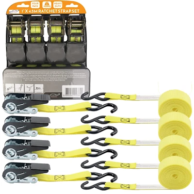 Ratchet Straps With S Hooks 4 x 4.5M (15Ft) Heavy Duty - 680kg Bounding