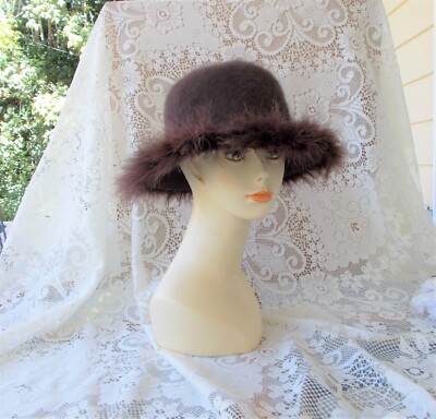 Vintage wool Brown Feather-Trimmed Hat Vintage Wool Felt Feather & Shell Trim Fedora Hat - Etsy main image 2