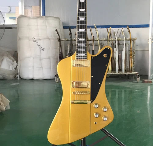 Handmade Metallic Gold Firebird Electric Guitar Mini HH Pickups Fixed Bridge