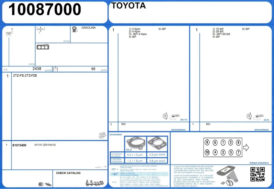 Juego completo de juntas de reconstrucción de motor TOYOTA PREVIA 16V 2.4 2TZ-FZE (1/1994-7/1997) Foto 2 de 2