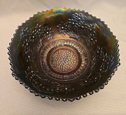 IRIDESCENT FENTON ORANGE TREE & BEARDED BLACKBERRY COBALT BLUE CARNIVAL BOWL 7.5