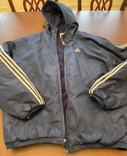 Vintage Men's BLUE Adidas ZIP UP HOODED Jacket 3 Stripes Size XL- HEAVY-Lined