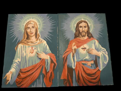 JESUS & VIRGIN MARY Vintage années 1950 Orig Peinture par Numéro Art Fini 2 pièces - Photo 1 sur 7