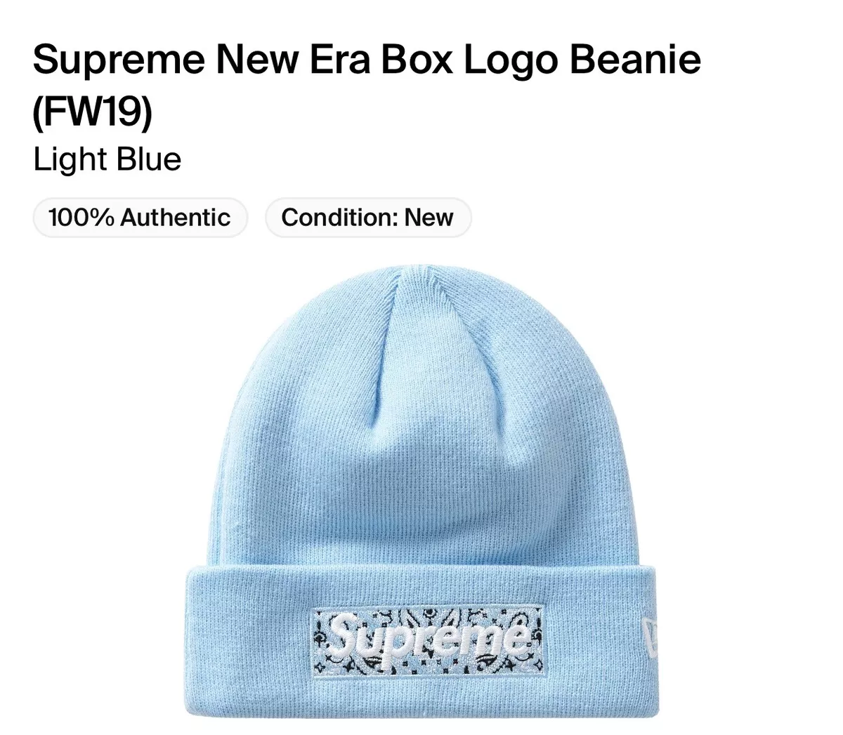 Supreme New Era Box Logo Beanie (FW19) Light Blue Brand New In Bag