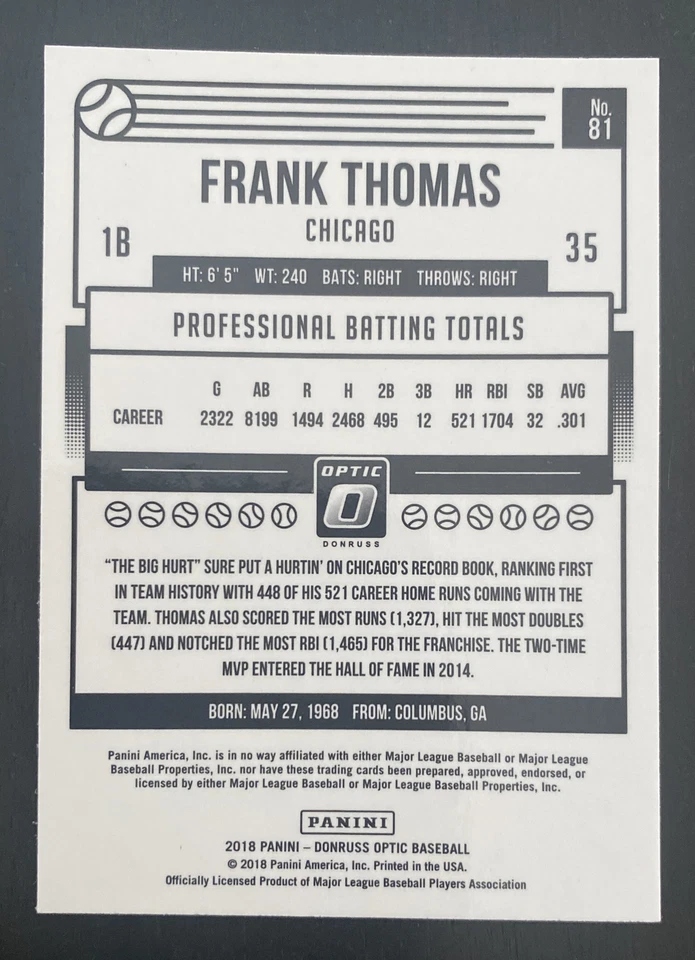 ⚾⚾FRANK THOMAS 2018 Panini Optic Chicago White Sox MLB Baseball Card⚾⚾ - Image 2 of 2