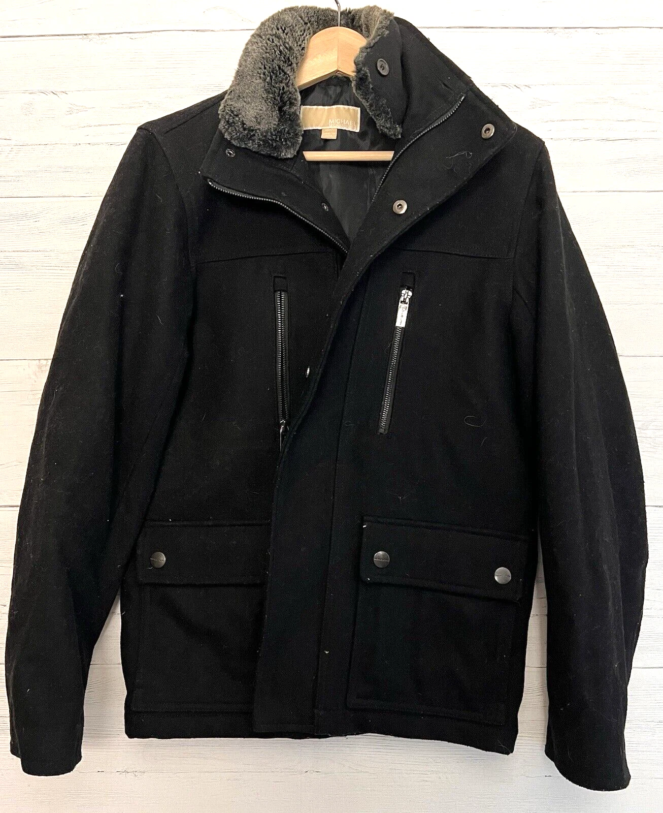 Michael Kors Giacca Uomo Piccola Misto Lana Nero Zip Pea Cappotto Pelliccia
