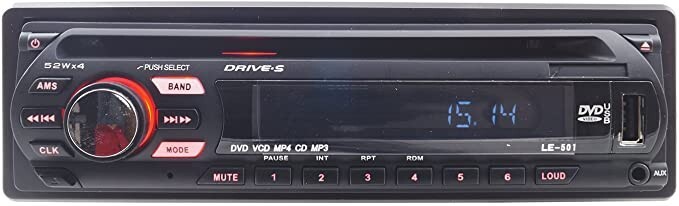 Autoradio 1-DIN LE-501: DVD, CD, USB e AUX. Design pulito e funzionale.