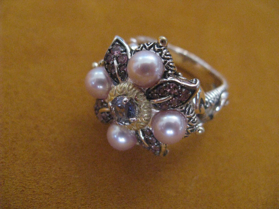 ANILLO FLOR BARBARA BIXBY TALLA 8 PERLA ROSA TURMALINA HOJA IOLITA Piedras Preciosas Foto 2 de 2