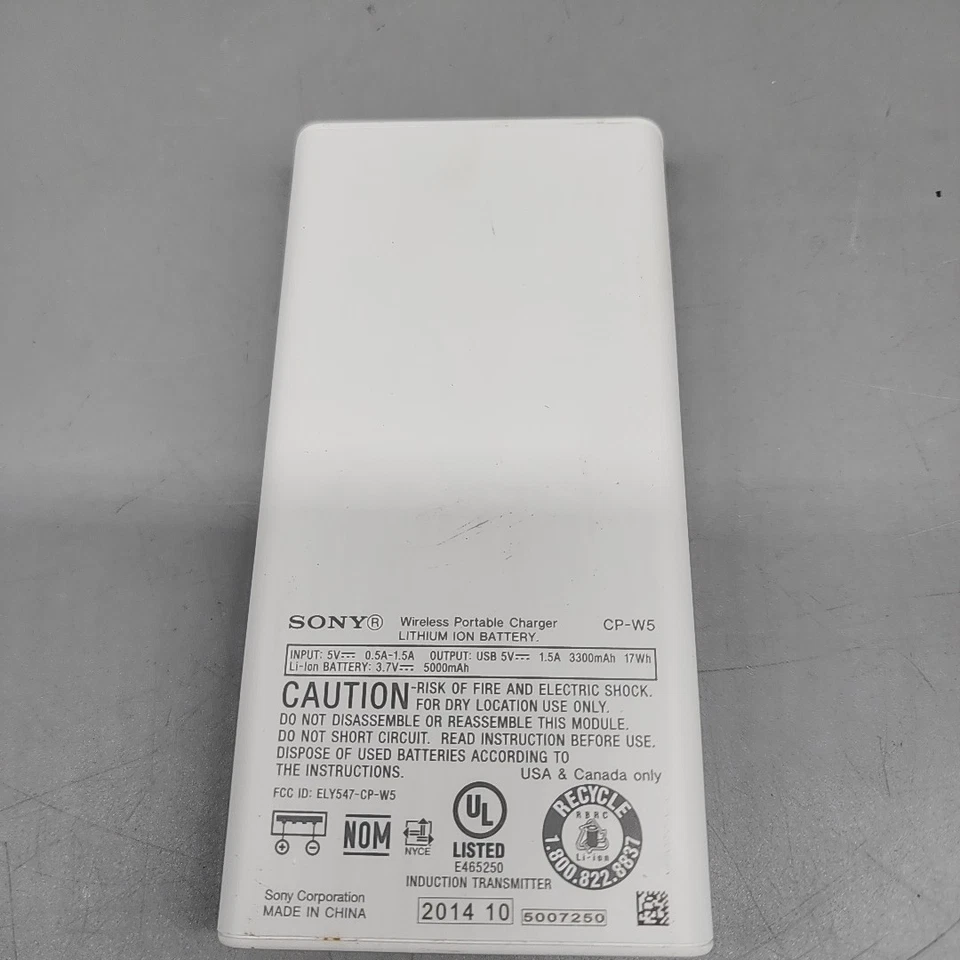 Sony CP-W5 Blanco Inalámbrico Portátil 5000mAh Almohadilla de Carga para Dispositivo Compatible con Qi Foto 2 de 3