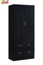 2 Door Armoire with 2 Drawers and Clothing Rod in Black