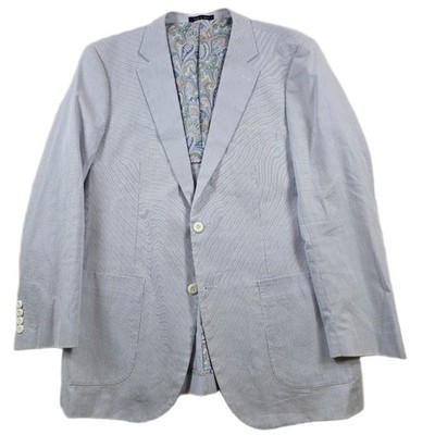 Alan Flusser Seersucker Sport Coat Mens Large Blue White Paisley Lined Blazer
