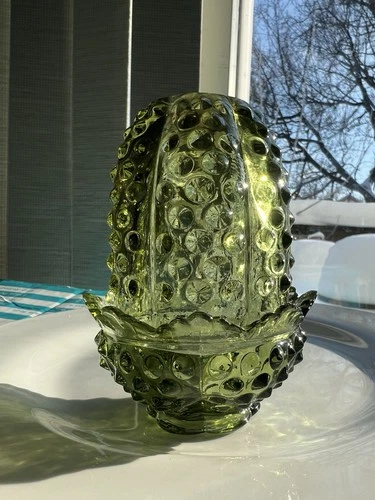 Fenton Green Hobnail Glass Art Candle Holder