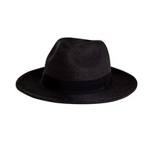 Pineapple&Star Sun Straw Fedora Beach Hat Fine Braid UPF50+ for Small Black