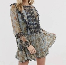 Free People Country Roads Mini Dress Lightweight Embroidered Ruffle Blue Size XS