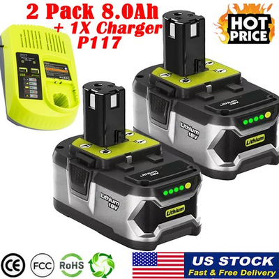 #ad #ad 2X Battery For RYOBI P108 18V 8.0Ah One Plus P117 Charger 18Volt High Capacity $49.55