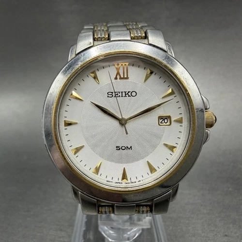 Seiko Watch Men 36mm White Dial Two Tone Date 7N32-0CH0 New Battery