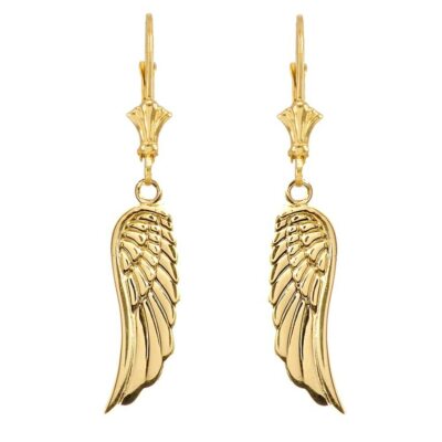 14k Solid Yellow Gold Dangling Angel Wing Leverback Earrings