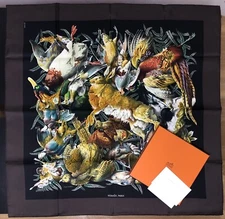MINT HERMES Silk Scarf H de LINARES Rabbit Bird Hunting 90 35″ Box Brown Gibiers