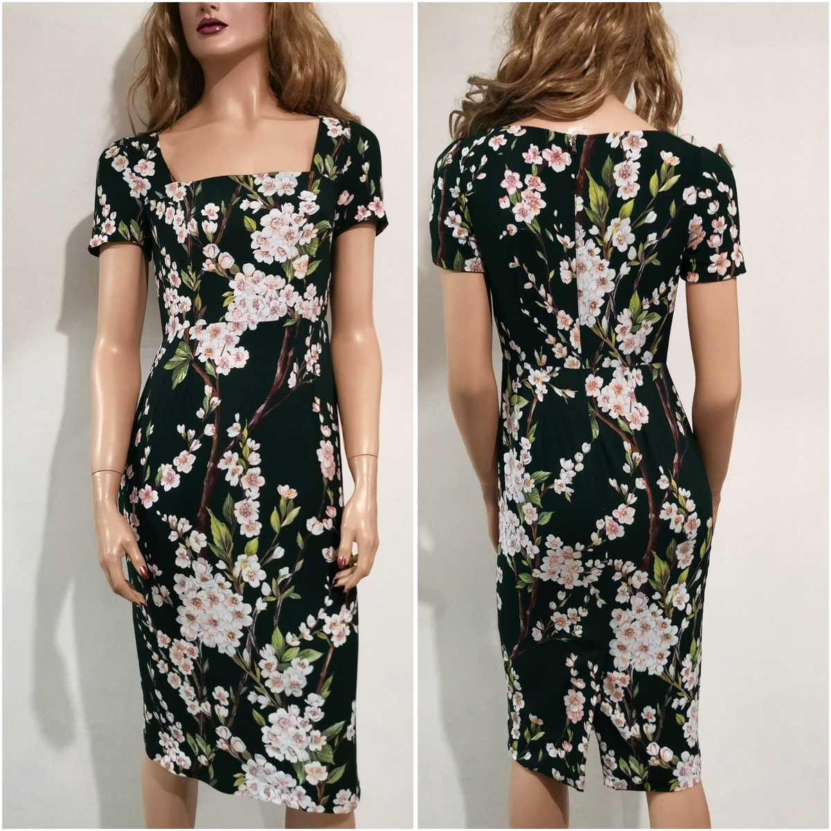 Dolce & Gabbana Floral Cherry Blossom Print Dark Green Cady Dress