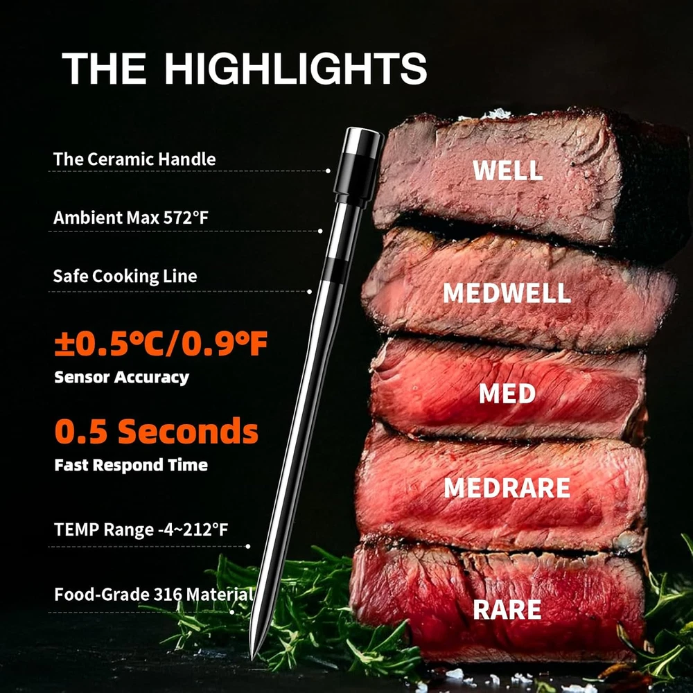 Meat Thermometer Digital Wireless with 2 Probes, 800FT Long Range Bluetooth Cook